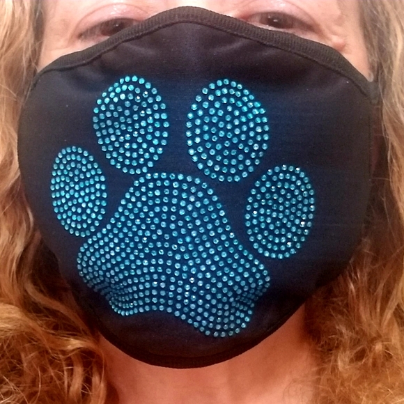 3/$30🦋 Black Face Mask Teal Paw Print with  Rhinestone New Large Paw New - Picture 1 of 5